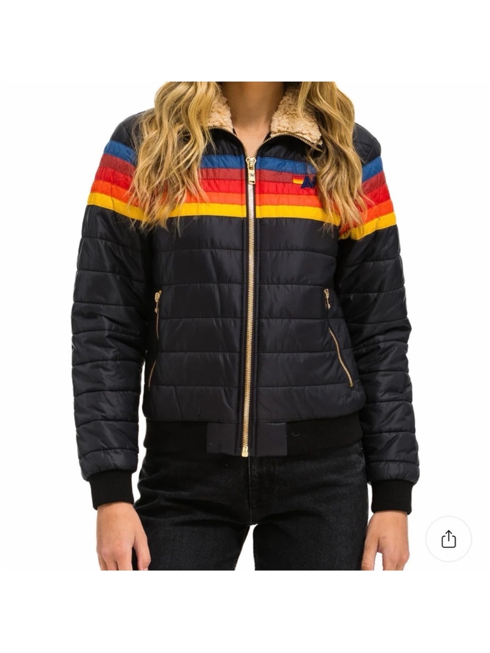Aviator Nation Black Puffer Jacket with Blue, Red, Orange and Yellow Stripes